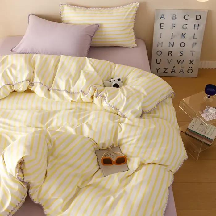 Ensembles de literie à rayures jaunes, housse de couette, drap plat, taie d'oreiller, linge de lit Q