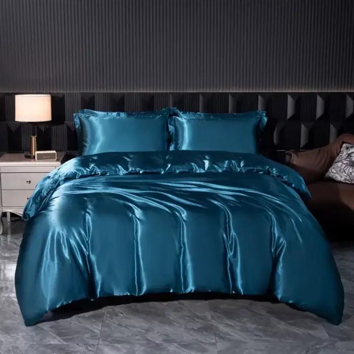 Parure de lit en soie unie, avec housse de couette, drap et taies d'oreiller, de luxe, en Satin, sim
