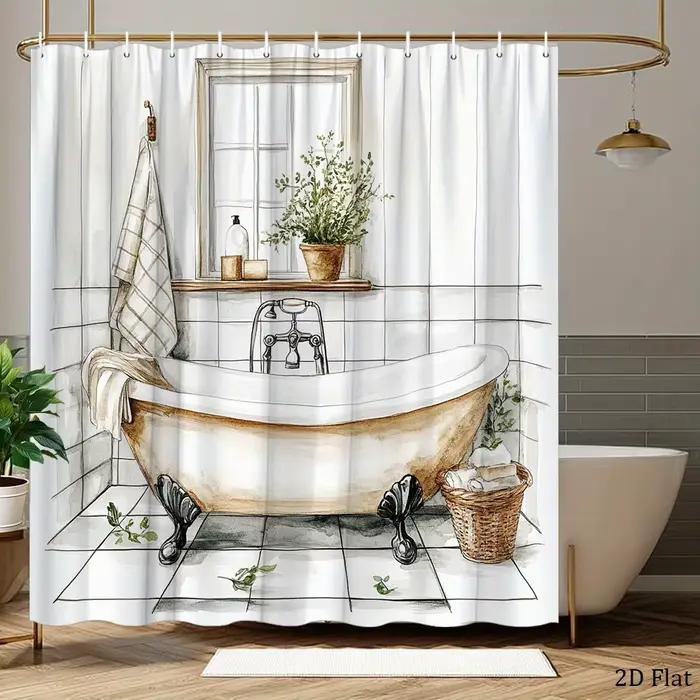 Rideau de douche rustique pour baignoire, motif vintage baignoire à pattes et carreaux, rideau de ba