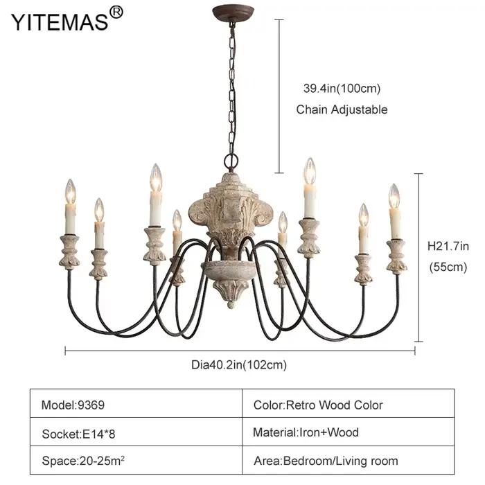 Grand lustre en bois 8 lumières Dia102Cm pour salon Villa hall ferme église rétro grands lustres pou