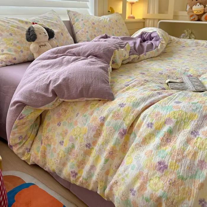 Parure de lit imprimée de fleurs françaises, housse de couette latérale AB pastorale + drap + taie d