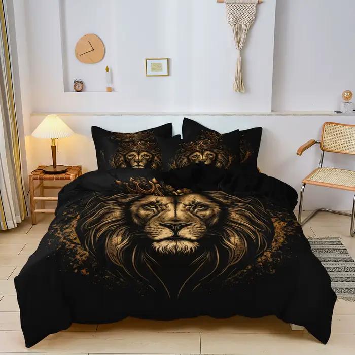 Ensemble de housse de couette avec imprimé Lion et couronne, 3 pièces, comprenant 1 housse de couett