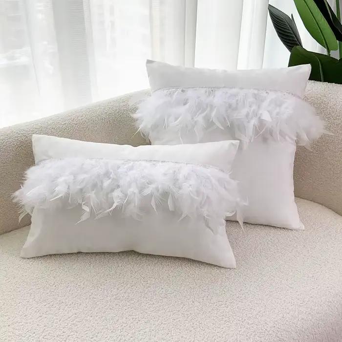 Juste de coussin en velours avec pompon, taie d'oreiller décorative, patchwork de plumes, décoration