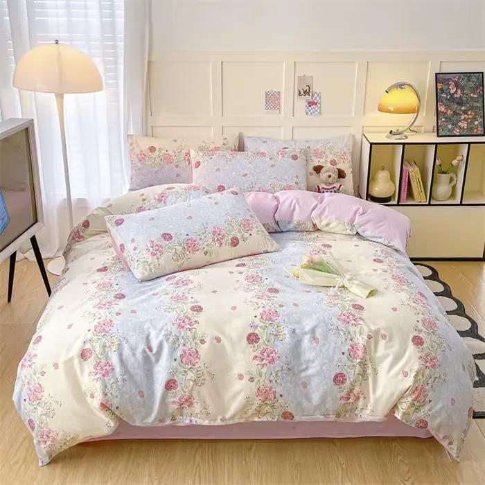 Ensemble de housse de couette en coton 100% à motif cœur avec drap plat ou drap-housse 3/4 pièces, e