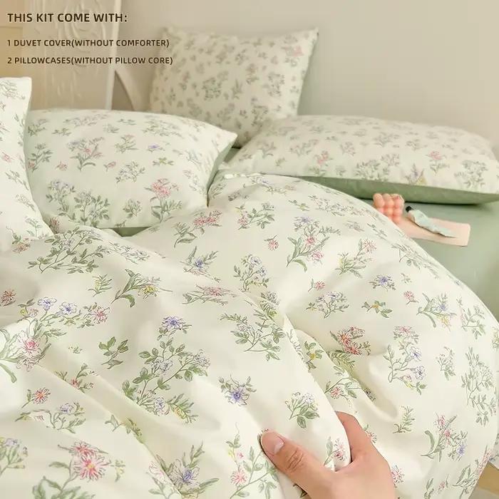 Ensemble de housse de couette à motif de plantes vertes printanières, 3 pièces (1 housse de couette 