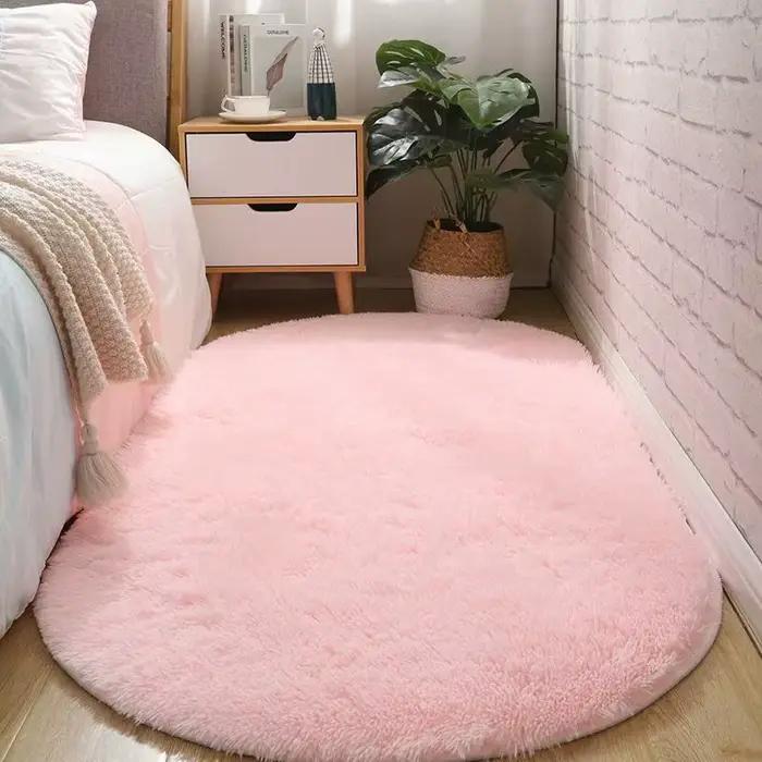 Tapis ovale moelleux de luxe adapté à la chambre à coucher, au salon – Pile en peluche douce, neutre