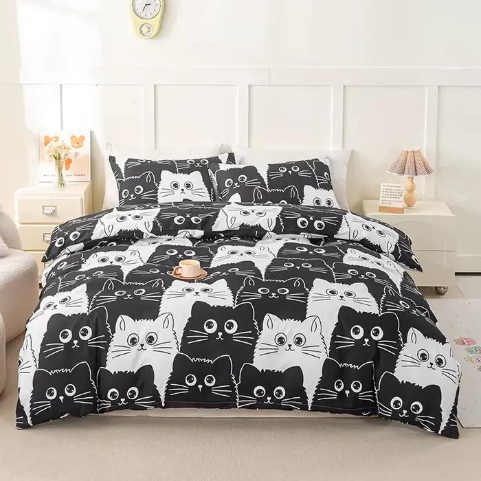 Ensemble de housse de couette imprimé chat 3 pièces, ensemble de literie doux et respectueux de la p