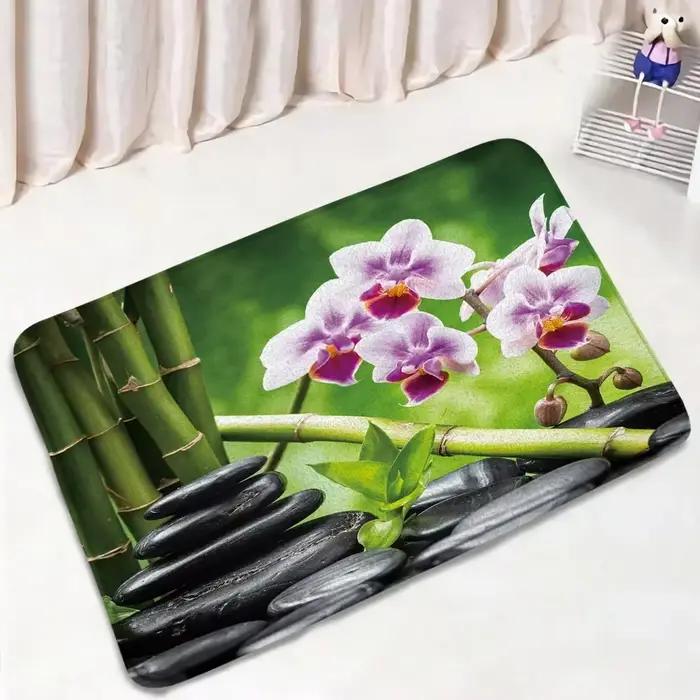 Ensemble de tapis de bain en bambou vert Zen, fleur d'orchidée naturelle, plante en pierre noire, ta