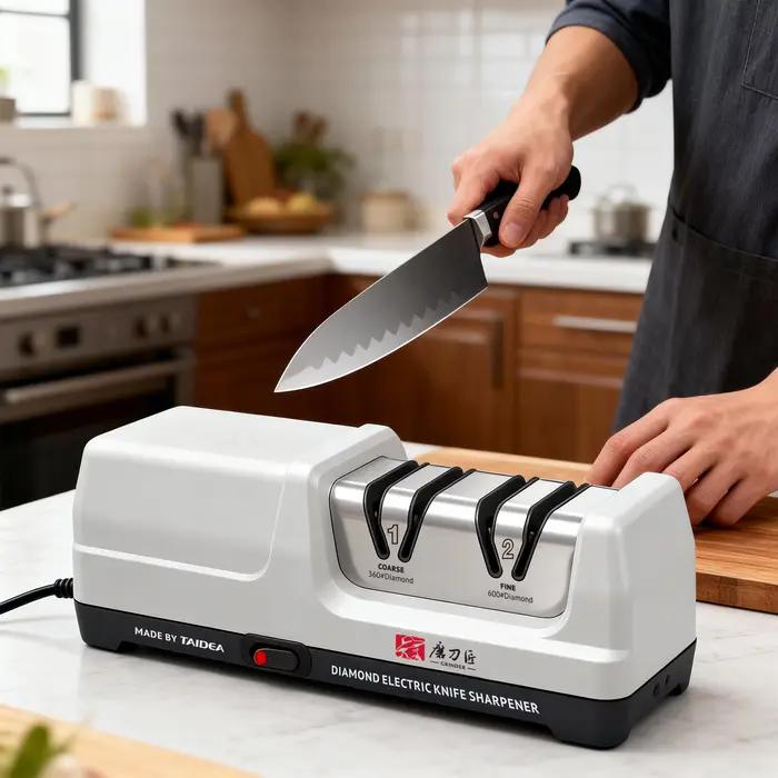 Aiguiseur de couteaux de cuisine électrique avec affûtage 100 % diamant – 20 °   Affûtage de précision pour une récupération instantanée de la tranchantise