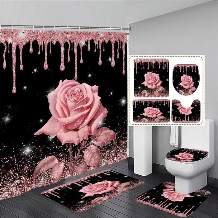 Rideau de douche et tapis à paillettes roses