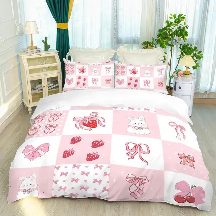 Parure de lit avec nœud de lapin rose imprimé fraise (1 jeu + 2 taies d'oreiller, sans noyau), literie de différentes tailles pour répondre aux besoins différents