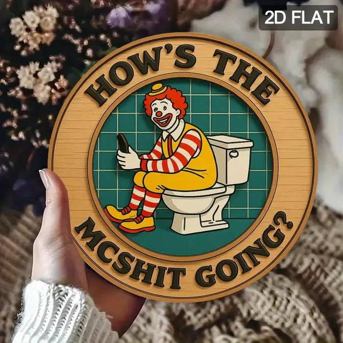 Décoration murale amusante pour salle de bain - Clown rétro avec inscription « HOW's THE MC GOING?» Texte - Scène de salle de bain vintage - Panneau en aluminium durable