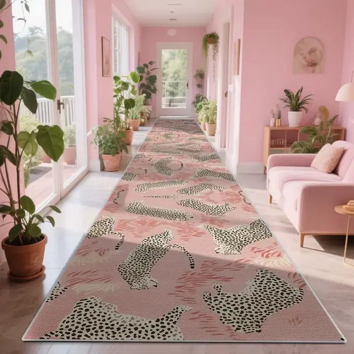 VIKAMA Tapis de couloir rose à imprimé léopard