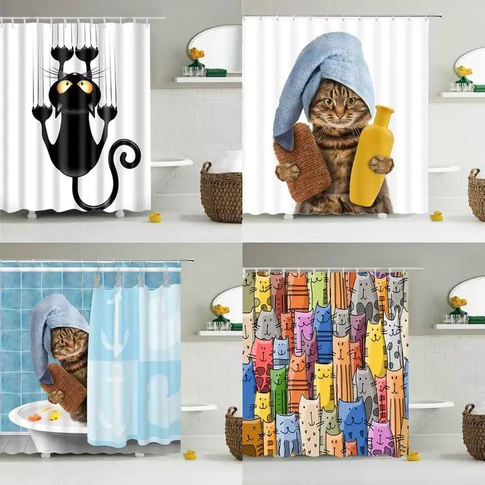 Rideaux de douche drôles rideau de salle de bain avec crochets décor imperméable chat chien 3d