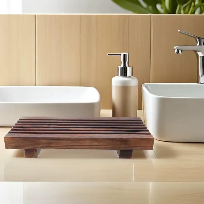 Plateau de salle de bain en bois, organisateur de comptoir 8,66x3,94 po, support de vanité rustique, rehausseur décoratif en bois, distributeur de savon pour évier