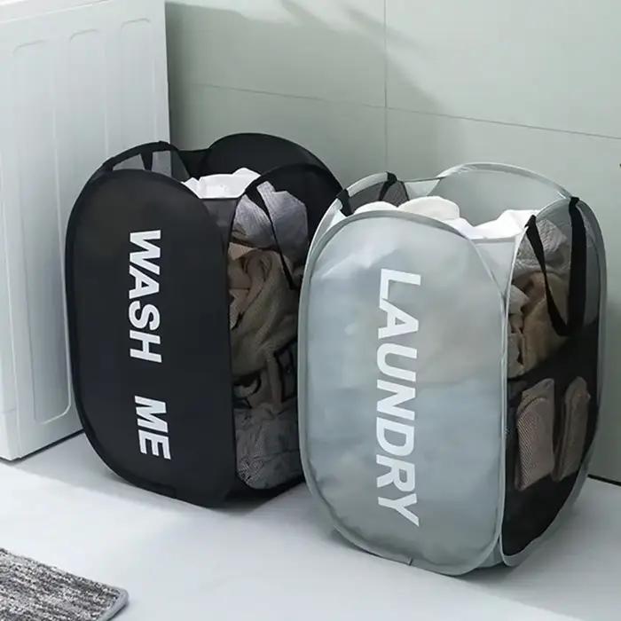 Panier à linge portable en maille, ouverture large, respirant, pliable, gain de place, pour dortoir, voyage, articles de salle de bain