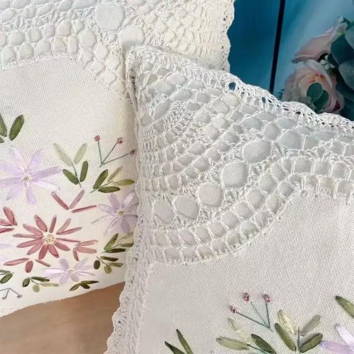 Housse de coussin en coton et lin tissé au crochet