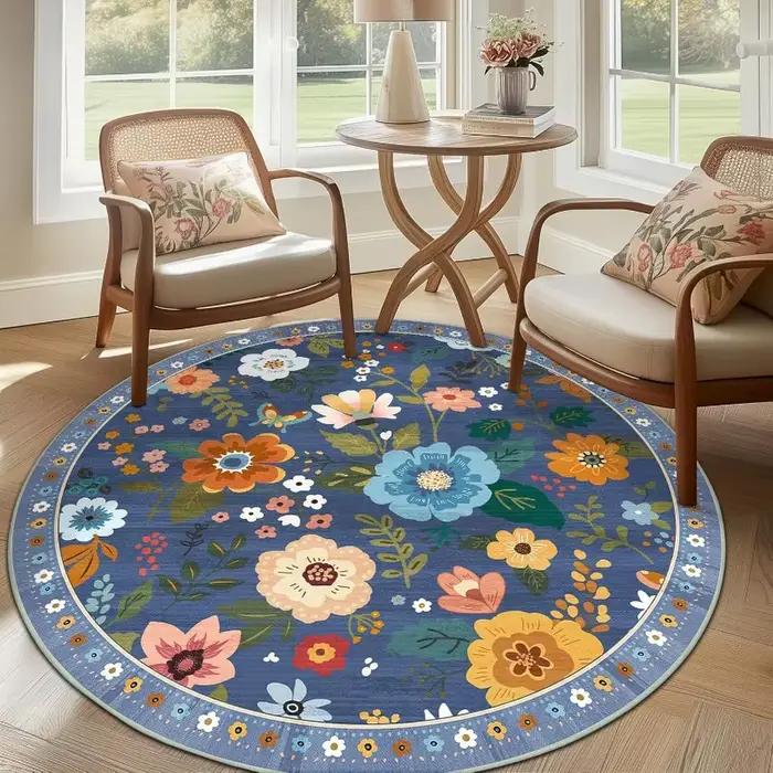 Tapis rond noir à fleurs bohèmes