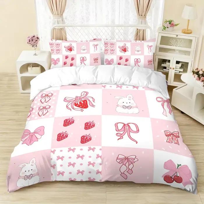 Parure de lit avec nœud de lapin rose imprimé fraise (1 jeu + 2 taies d'oreiller, sans noyau), literie de différentes tailles pour répondre aux besoins différents
