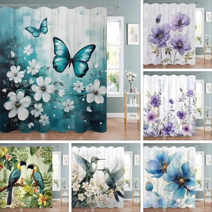 Rideau de douche floral en tissu polyester