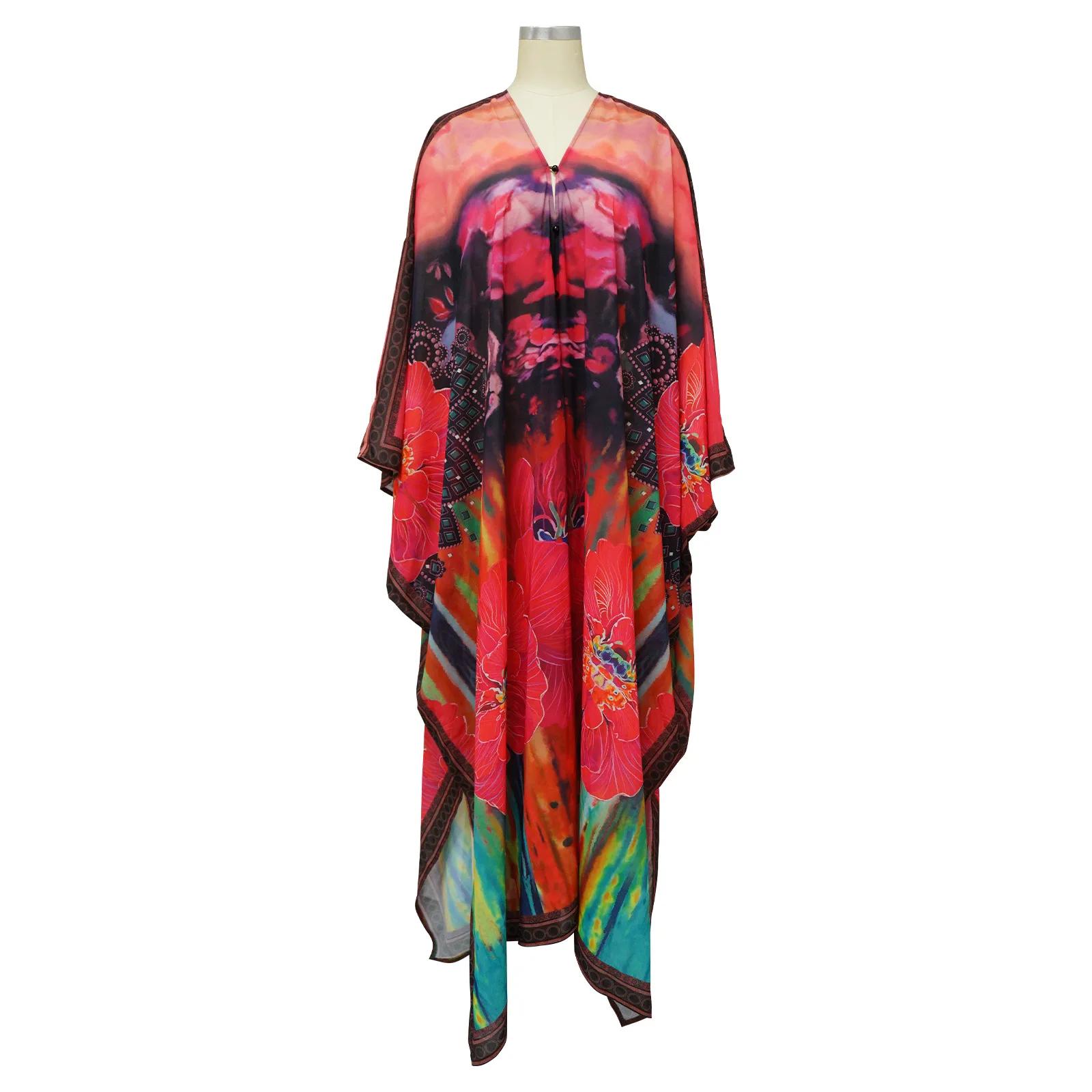 Robes Africaines Transparentes en Mousseline de Soie pour Femme, Sexy, Col en V, Imprimé Bohème, Max