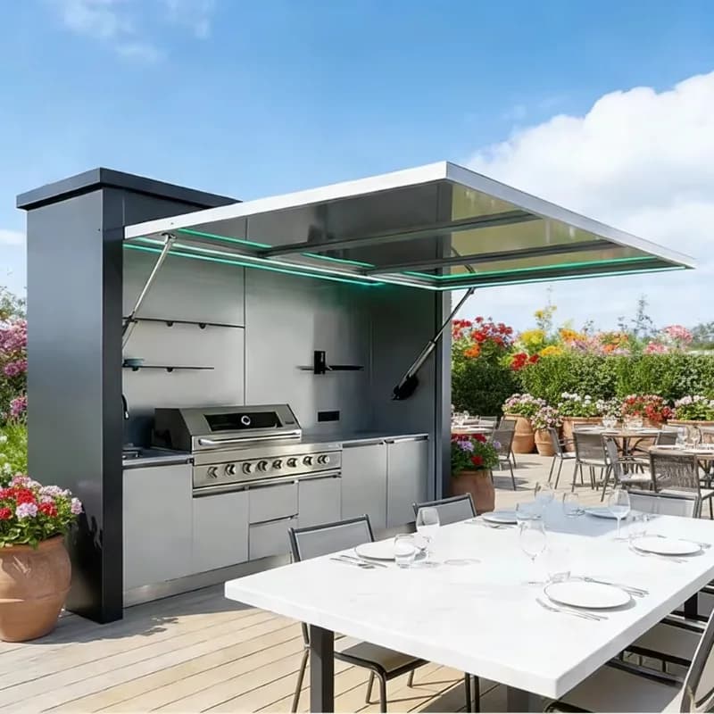Ensemble d'îlot de cuisine extérieur personnalisé équipé d'un barbecue et d'un réfrigérateur, cuisin