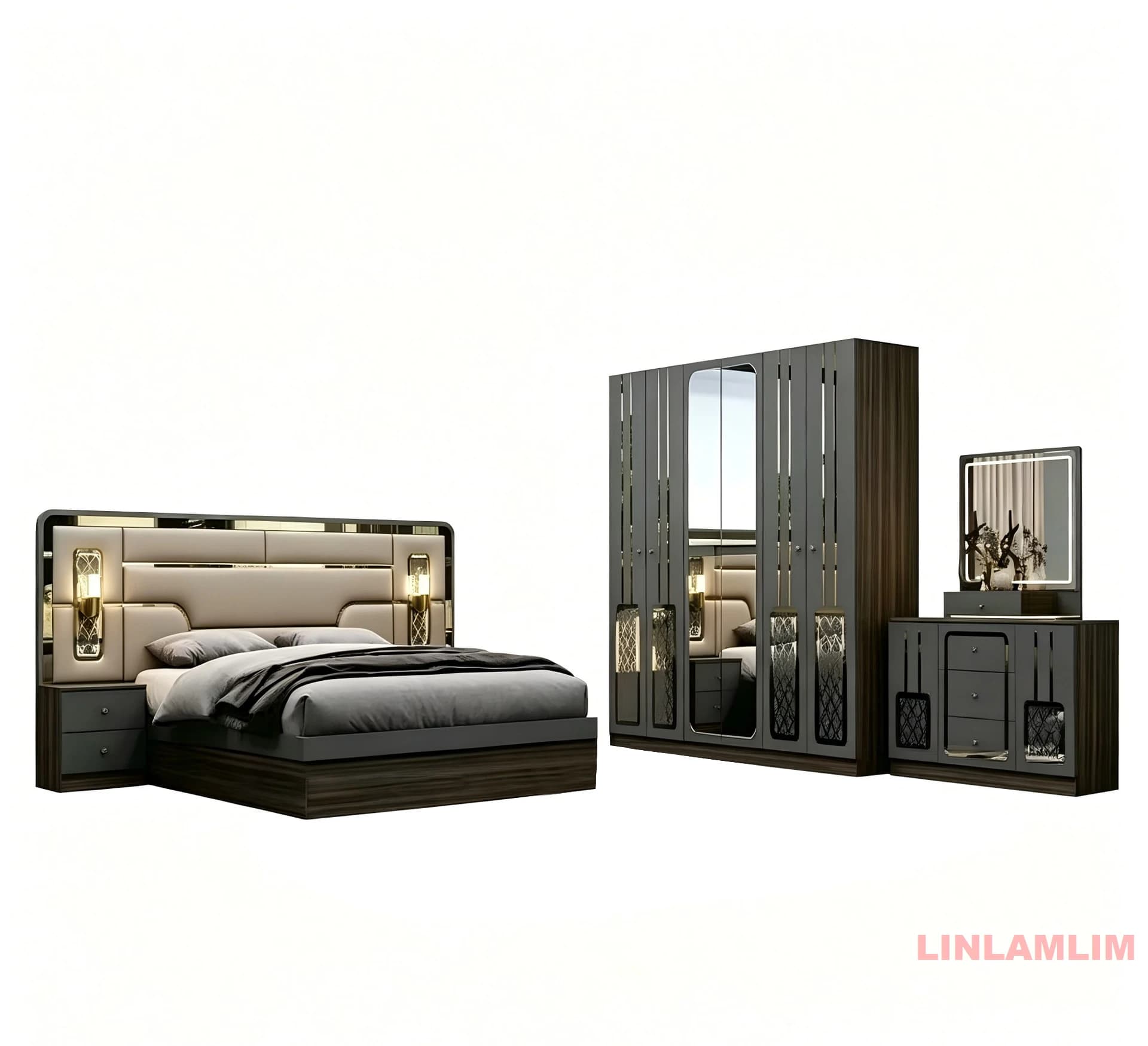 Ensemble de chambre à coucher de style turc MINBDIBAO – Lit king-size avec tête de lit rembourrée, t