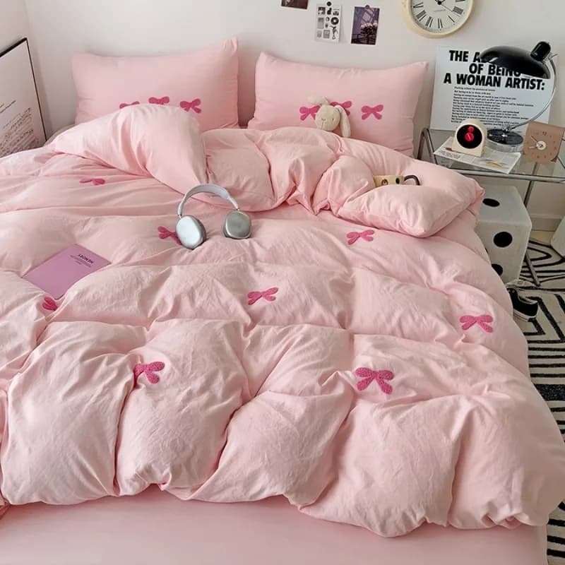 Parure de lit rose pour filles, avec nœud, housse de couette respirante coréenne, sans remplissage, 