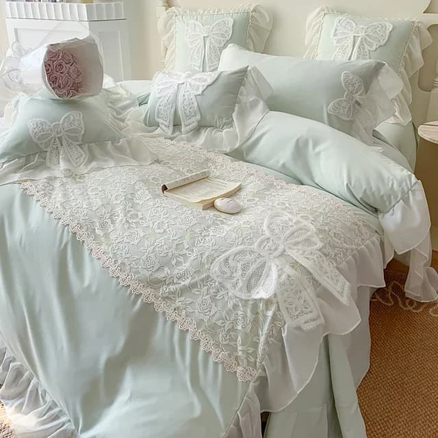 Parure de lit style princesse coréenne avec nœud en dentelle, couverture plissée, belle bordure, pou