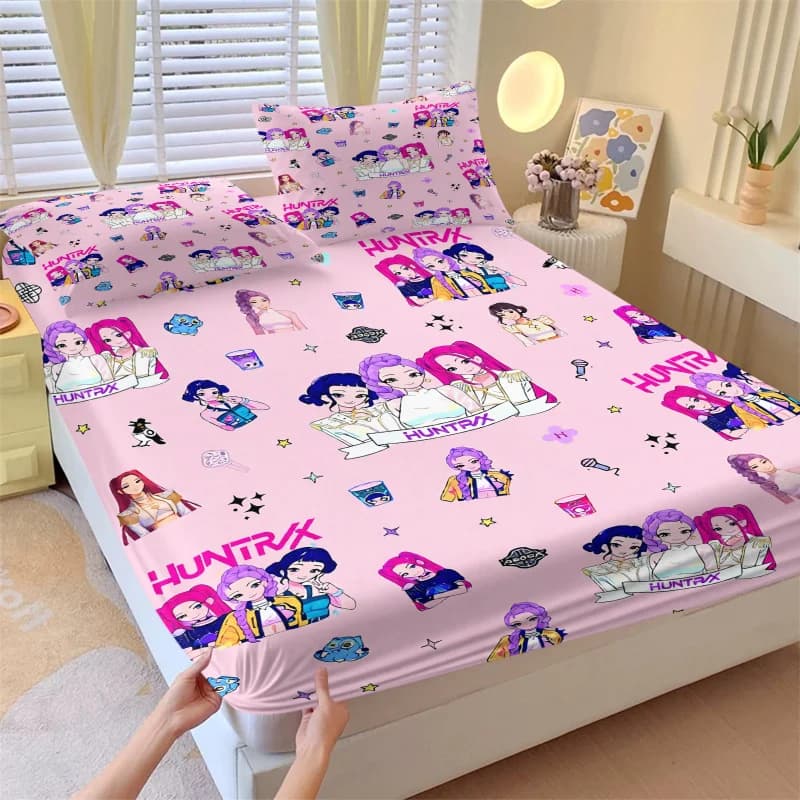 Ensemble de 3 pièces de draps K-pop HUNTR/X avec 2 taies d'oreiller, drap de lit à motifs de filles