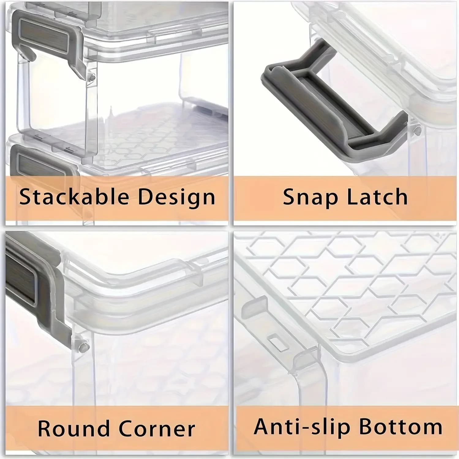10 boîtes de rangement en plastique transparent avec fermoir gris, petits bacs organisateurs empilab