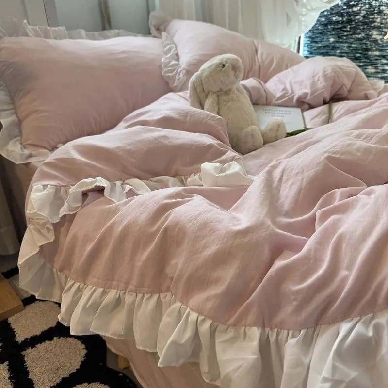 Ins – ensemble de literie princesse rose avec volants, couleur unie, housse de couette douce pour fi