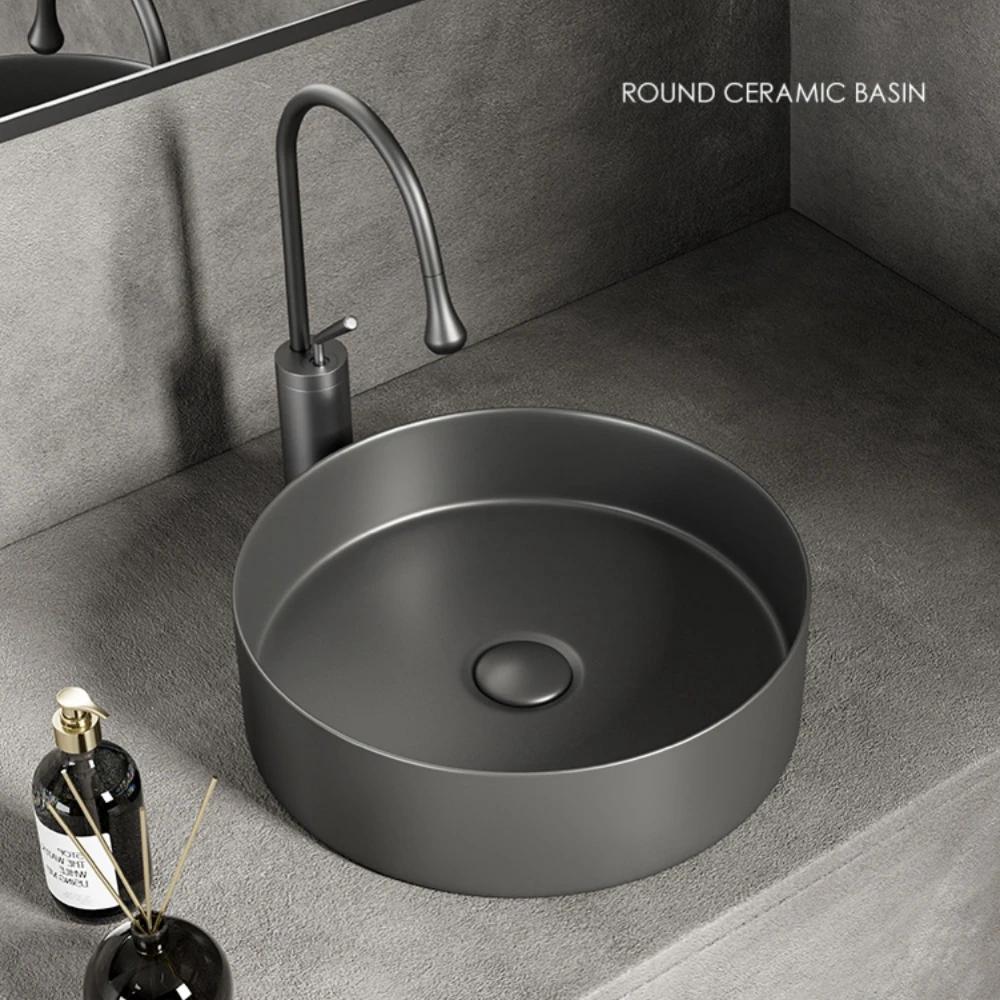 Lavabo de salle de bain moderne en céramique : blanc/gris foncé, finition mate, diamètre 36 cm/14 pouces, adapté à la vanité de salle de bain (sans robinet)