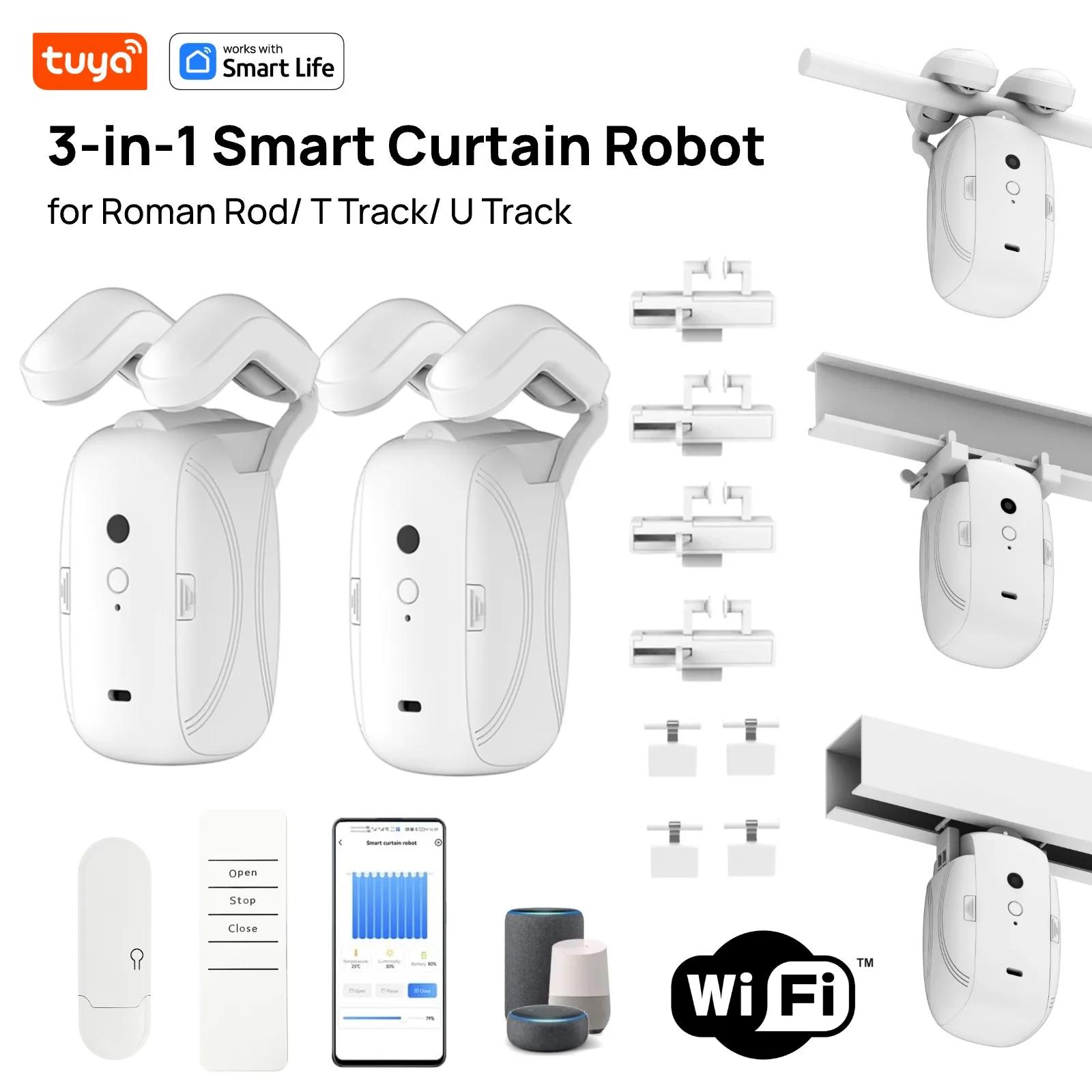 Moteur de rideau intelligent Tuya 3-en-1 Wi-Fi, contrôle à distance via l'application Tuya, programmation horaire, démarrage par traction pour rails T et U.
