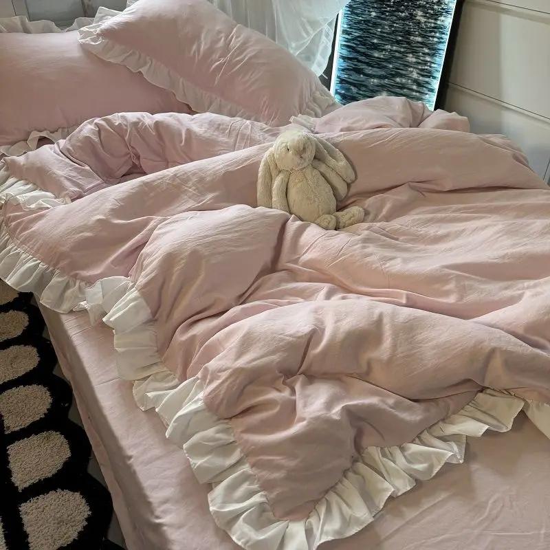 Ins – ensemble de literie princesse rose avec volants, couleur unie, housse de couette douce pour filles et garçons, taie d'oreiller sans remplissage, drap de lit 3 ou 4 pièces