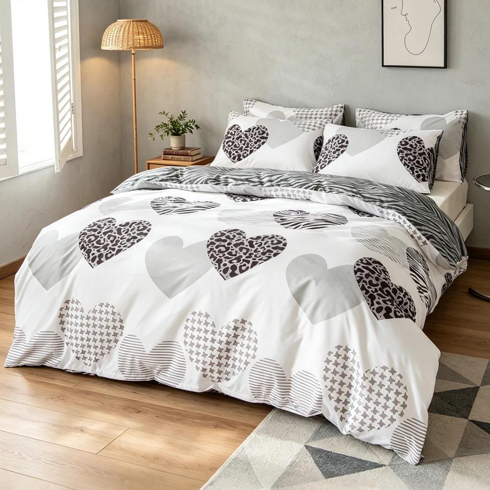 Ensemble de housse de couette en forme de cœur imprimé léopard, 3 pièces, doux et respirant, moderne pour la décoration de la chambre à coucher, lit queen/king size