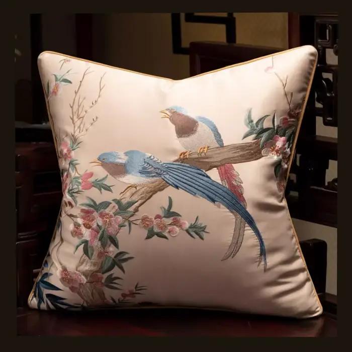 Housse de coussin décorative de luxe en soie brodée, motif coucou, pour canapé, 4 couleurs, sans ins