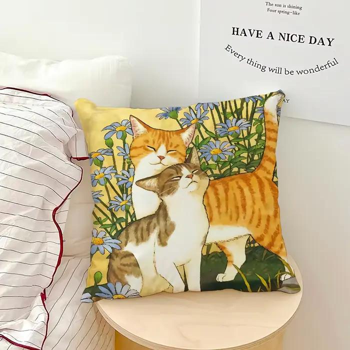 Housse de coussin motif chaton mignon et fleur, style Kawaii, pour canapé, salon, bureau, décoration