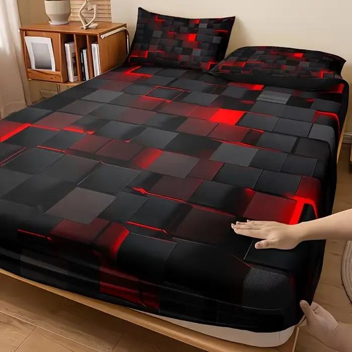 Ensemble de draps ajustés à carreaux rouges inspirés de la technologie de la mode, 1 drap-housse + 2