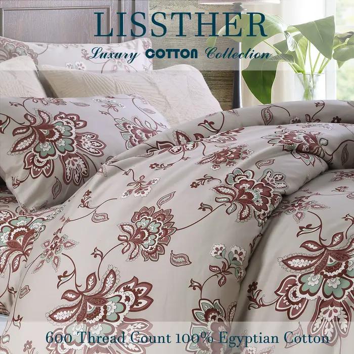 Ensemble de housse de couette 3 pièces 600TC 100% coton égyptien, Vintage rouge foncé Boho damassé F