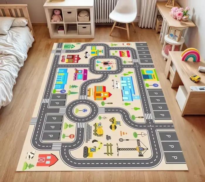 Tapis de jeu pour enfants sur le thème du trafic urbain, tapis ultra doux pour salle de jeux, chambr