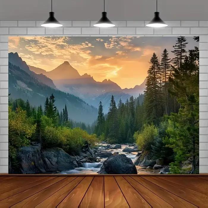 Tapisserie du crépuscule de la vallée de montagne: tissu de fond de décoration murale de beauté du m