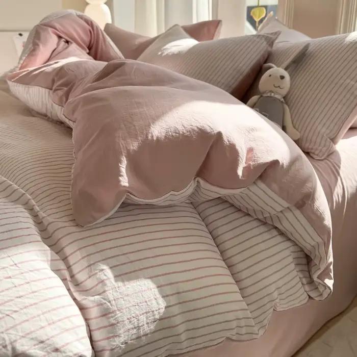 Parure de lit en coton lavé 100% à rayures avec taie d'oreiller, drap, housse de couette, tailles si