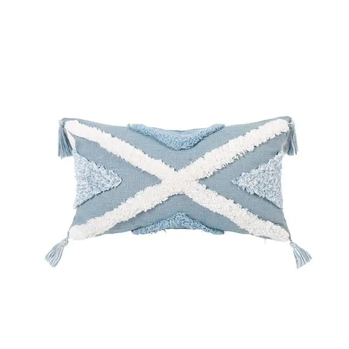 Housse de coussin décorative bleue à rayures blanches, taie d'oreiller tuftée en losanges pour chamb