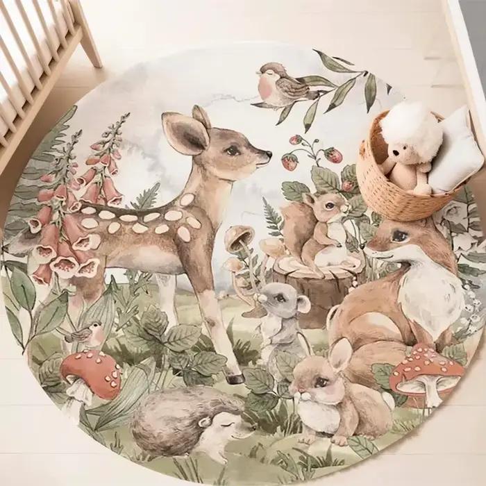 Tapis de sol rond à motif de girafe et de cerf Sika, tapis antidérapant pour chambre à coucher, déco