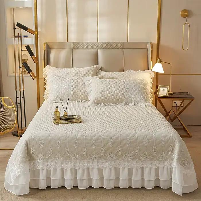 Jupe de lit en dentelle matelassée épaisse de couleur unie, Style européen 245x250cm, couvre-lit, li