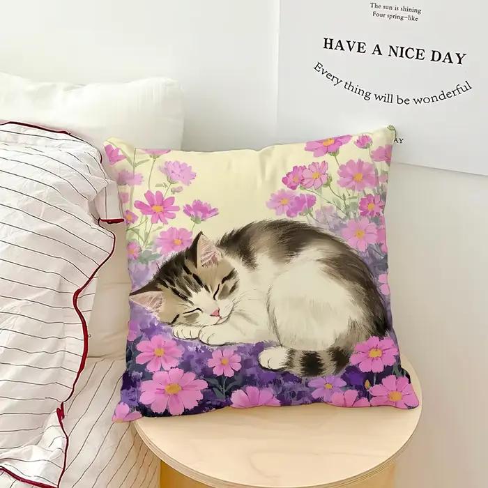 Housse de coussin à fleurs pour chaton mignon, style kawaii, taie d'oreiller douce pour canapé, salo