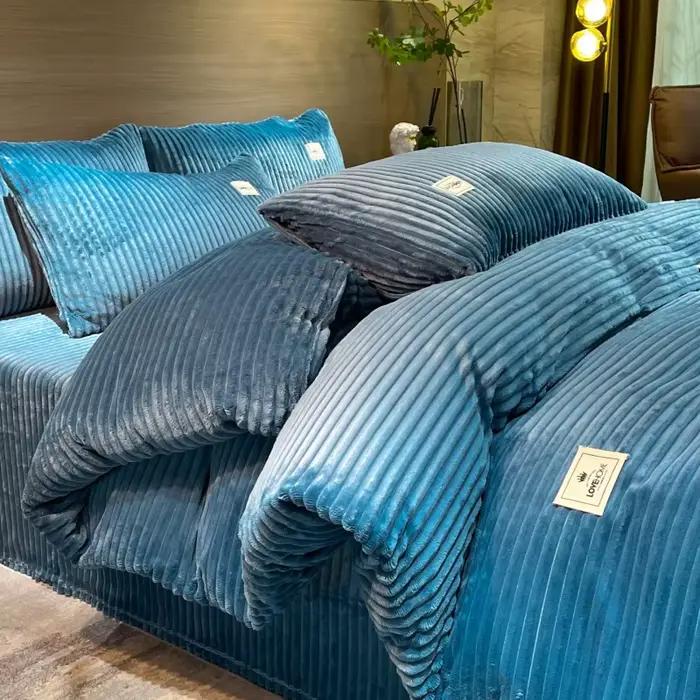 Ensemble de literie chaud d'hiver en flanelle à rayures douces, housse de couette + taie d'oreiller