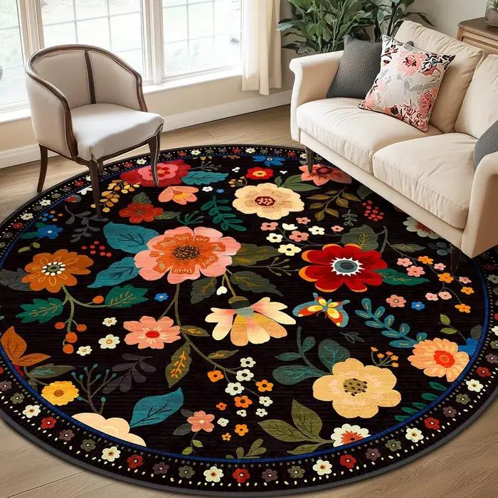 Tapis rond noir à fleurs bohèmes, tapis circulaire coloré à motifs floraux et papillons pour la déco