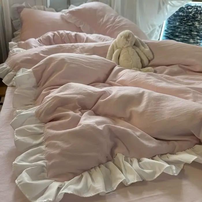 Ins – ensemble de literie princesse rose avec volants, couleur unie, housse de couette douce pour filles et garçons, taie d'oreiller sans remplissage, drap de lit 3 ou 4 pièces